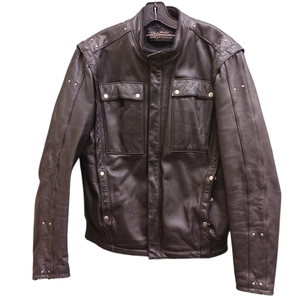 Hein Gericke For Harley-Davidson Black Leather Bomber Jacket with Snap Pockets